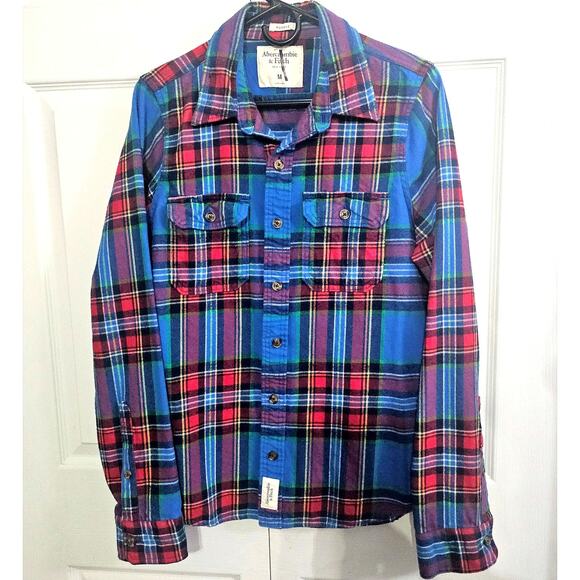 Abercrombie & Fitch Men's Muscle Flannel Shirt Medium Blue Red Plaid School Fall - Picture 1 of 8